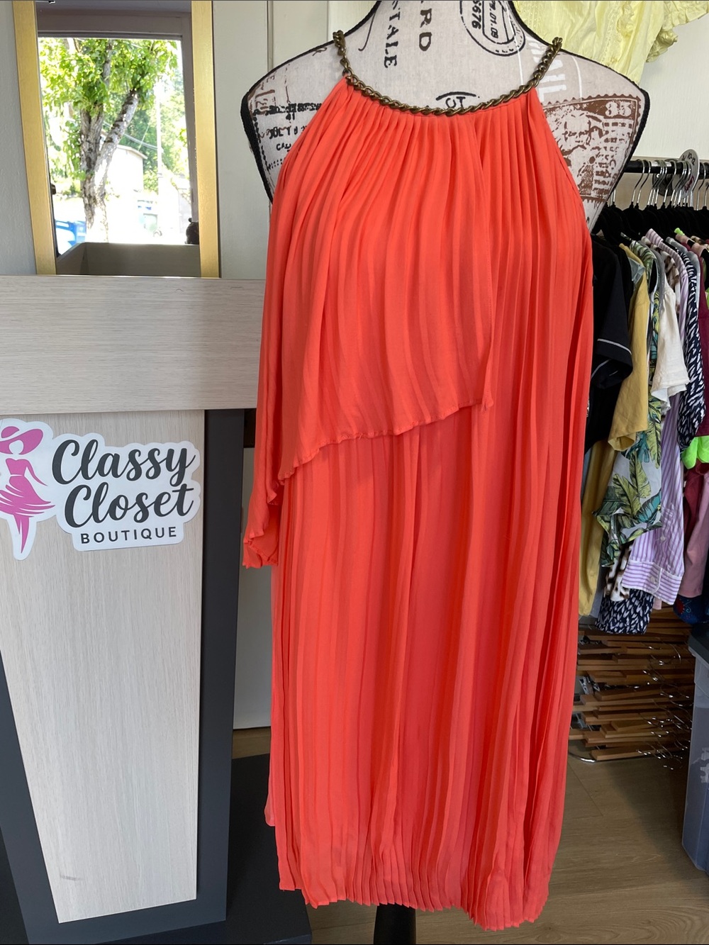 Parker Coral Halter Pleated Mini Dress with Gold Chain Trim
